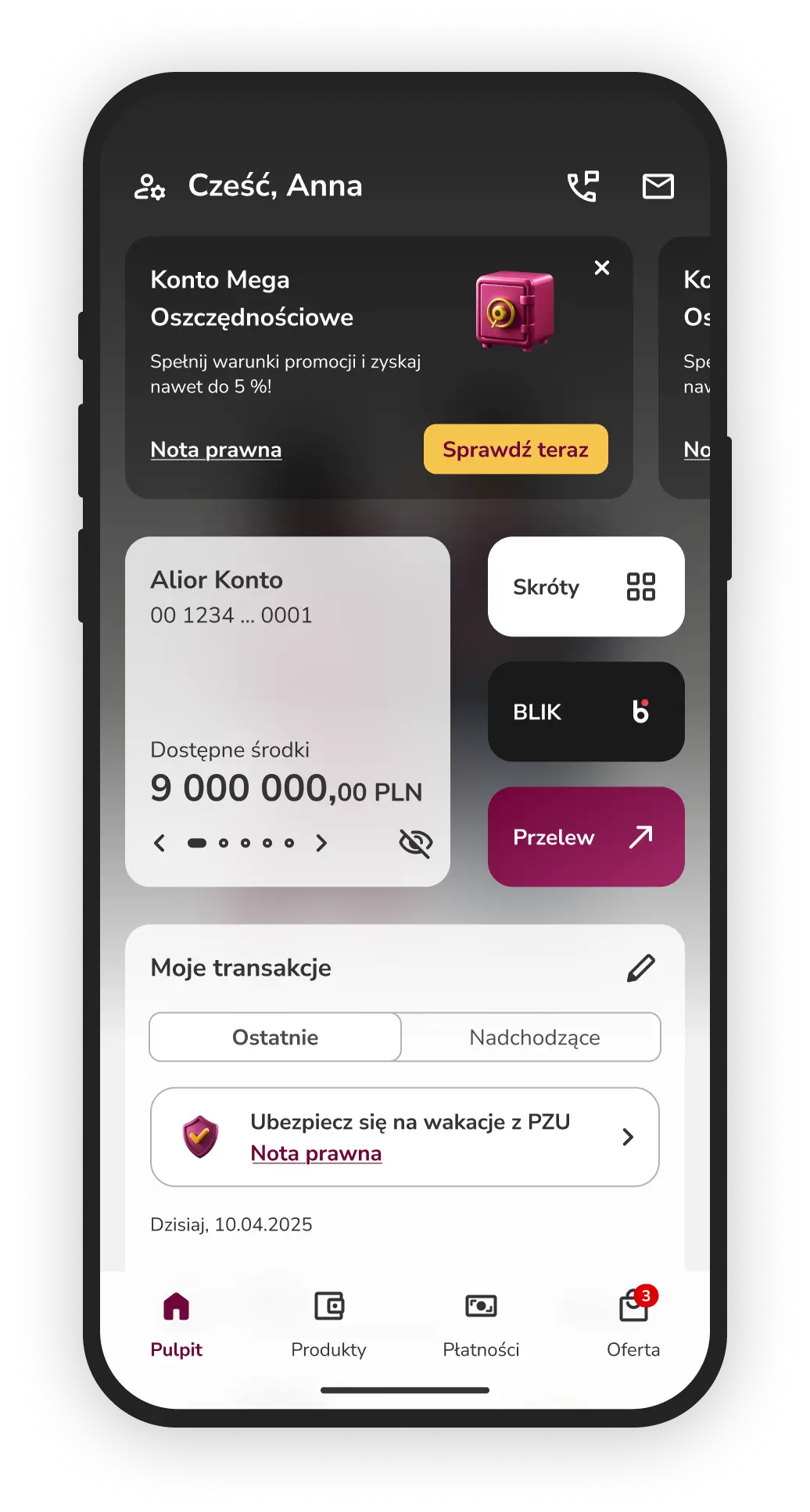 Aplikacja Alior Mobile – ekran aplikacji bankowej